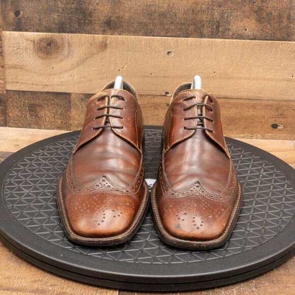 JOHNSTON & MURPHY MENS DRESS SHOES BROWN LEATHER WINGTIPS SQUARE TOE SIZE 9M - Picture 2 of 9